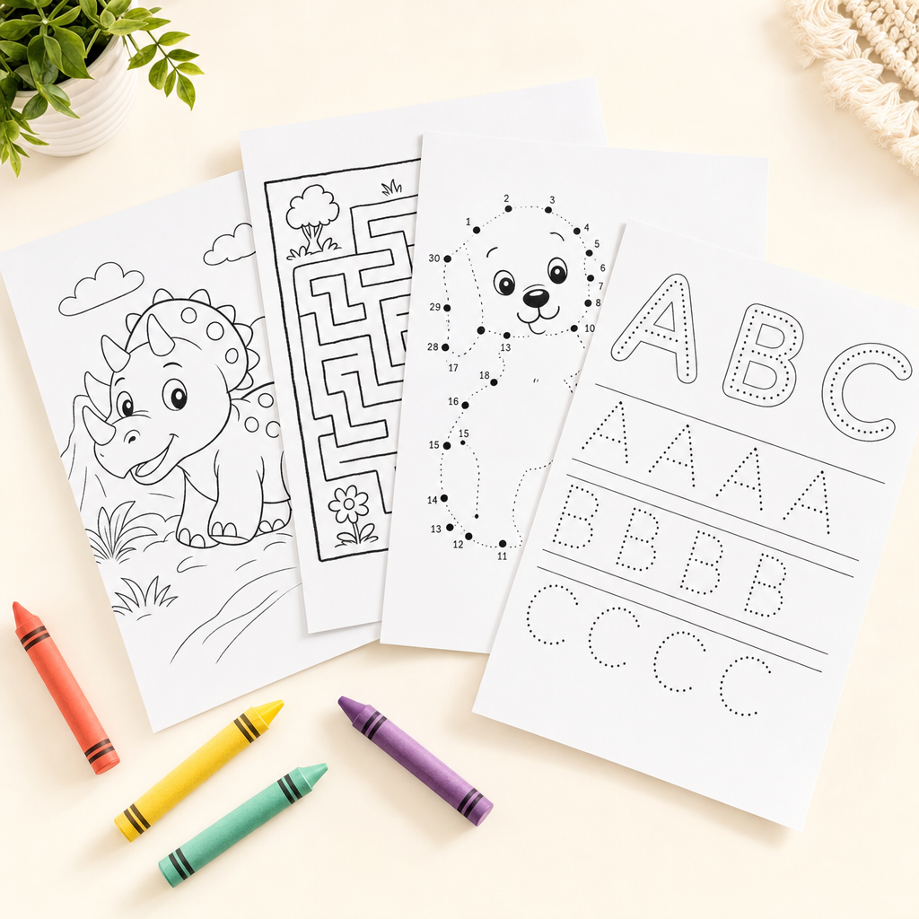 A fanned stack of printed kids activity pages — coloring, maze, dot-to-dot and ABC tracing — with crayons.